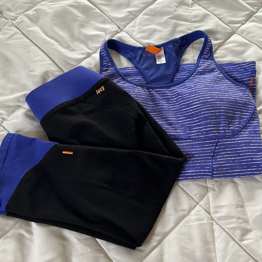 LUCY brand bluish purple 2pc set tank top and cropped legging gym attire sizeS/M